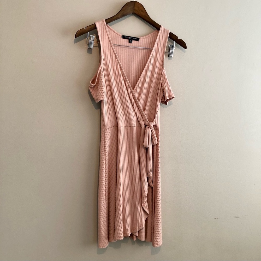 ✨$8 CLEAR-OUT✨ One Clothing Cold Shoulder Ribbed Stretchy Wrap Mini Dress Pink